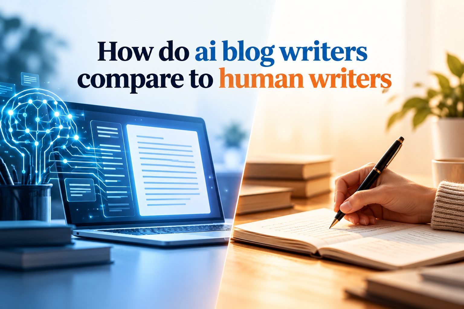 how-do-ai-blog-writers-compare-to-human-writers-e2850 Split illustration comparing AI robot writing versus human writer at desk