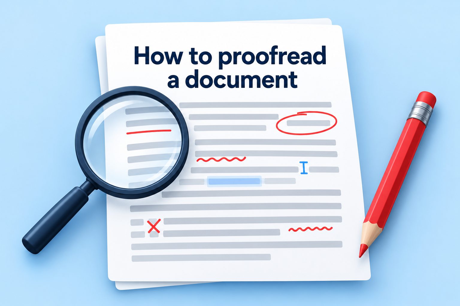Person proofreading a printed document with a pen beside a laptop